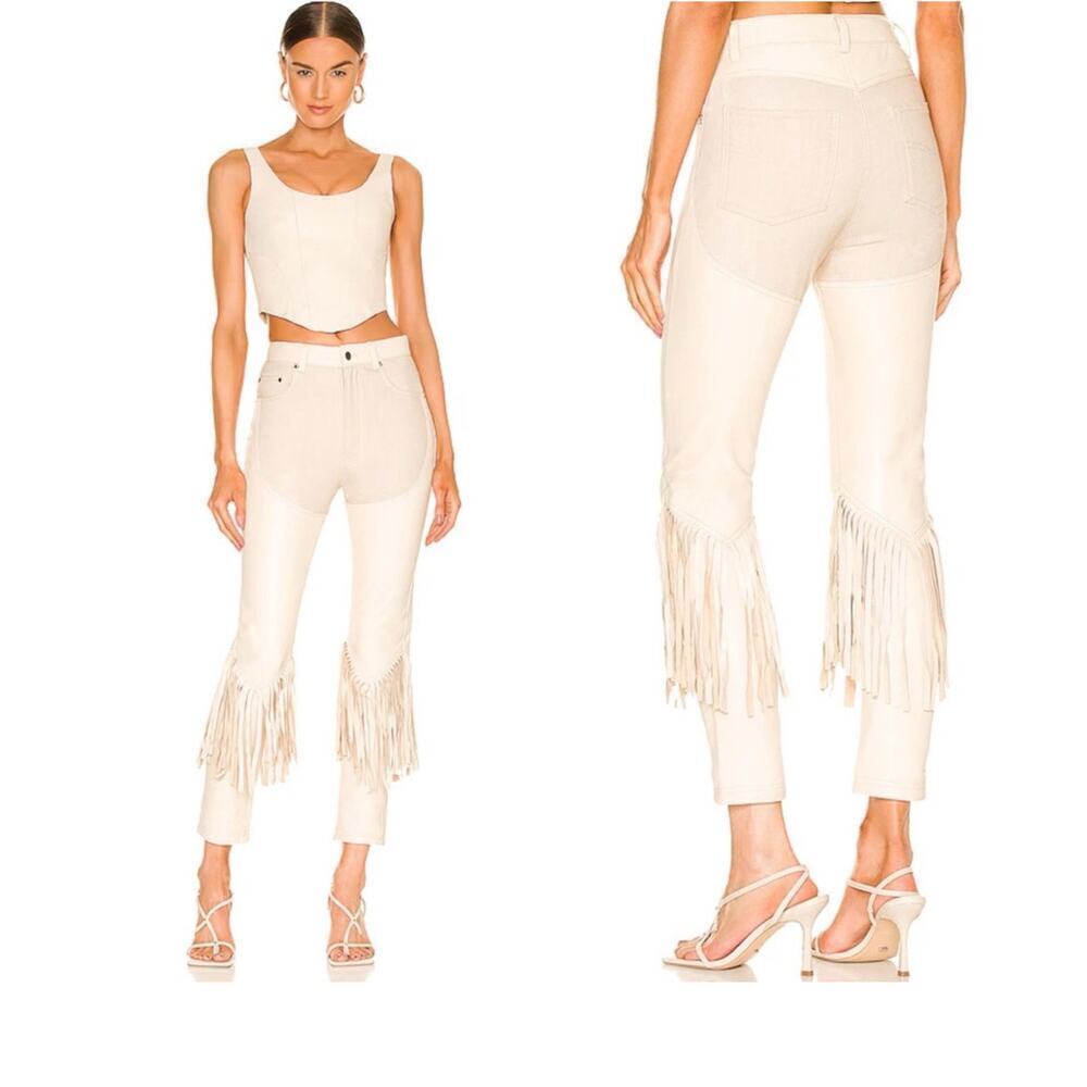Understated Leather Cowboy Chaps Pants Fringe Trim Cream Size Medium NWOT
